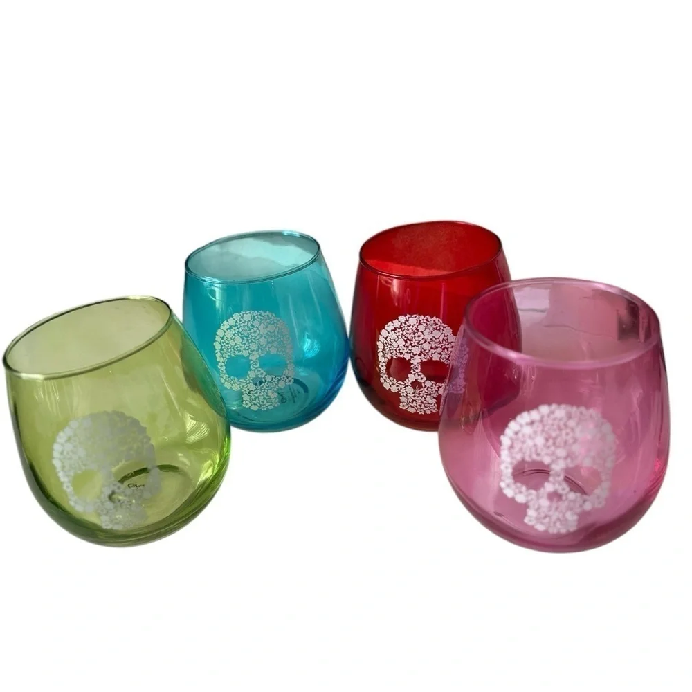 TMD Holdings 4 Floral Skull Stemless Wine Glasses 4 inches Tall New In Box